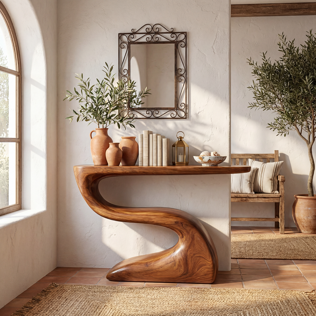 Handcrafted Solid Wood Console Table with Flowing Sculptural Base