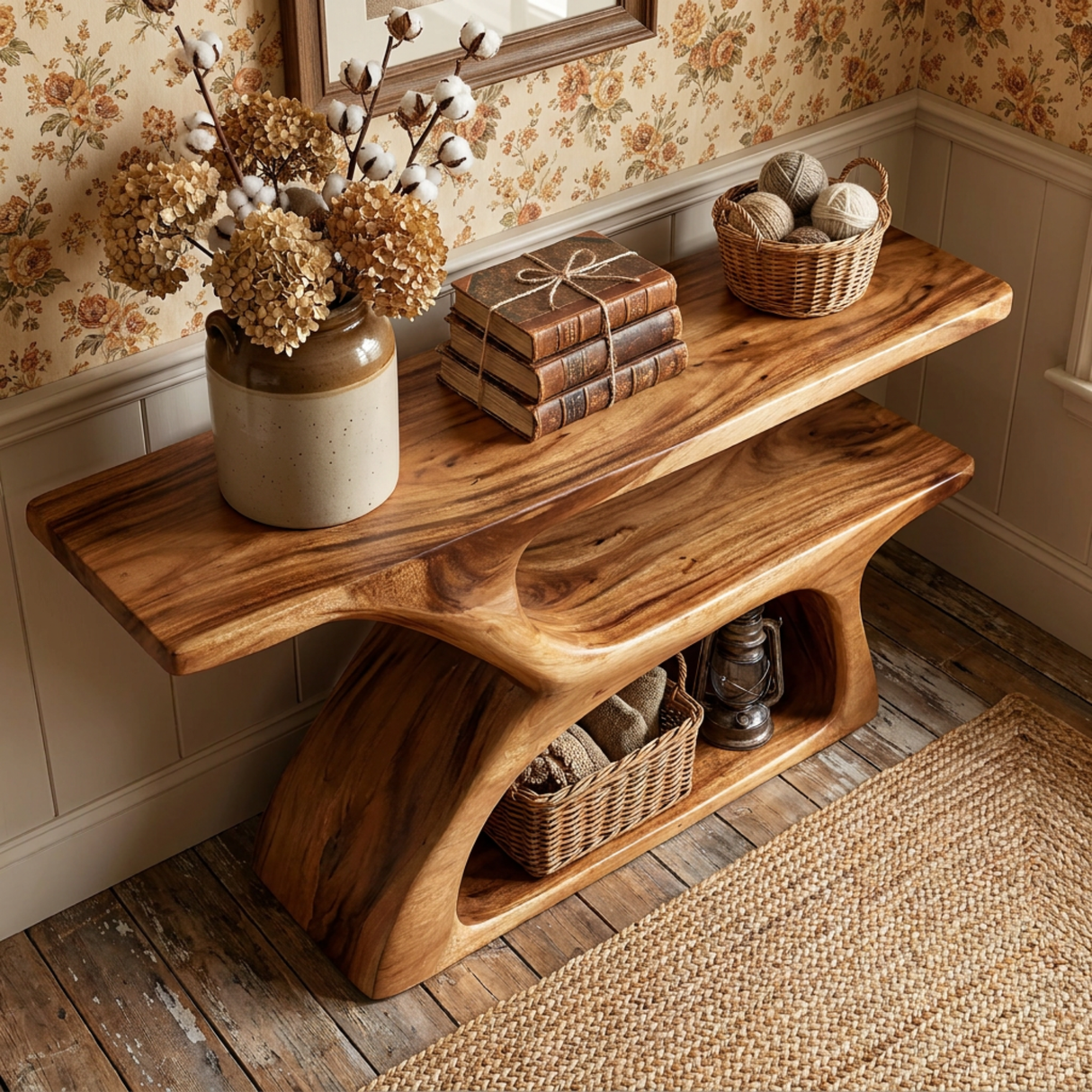 Handcrafted Solid Wood Console Table with Tiered Open Shelf Design