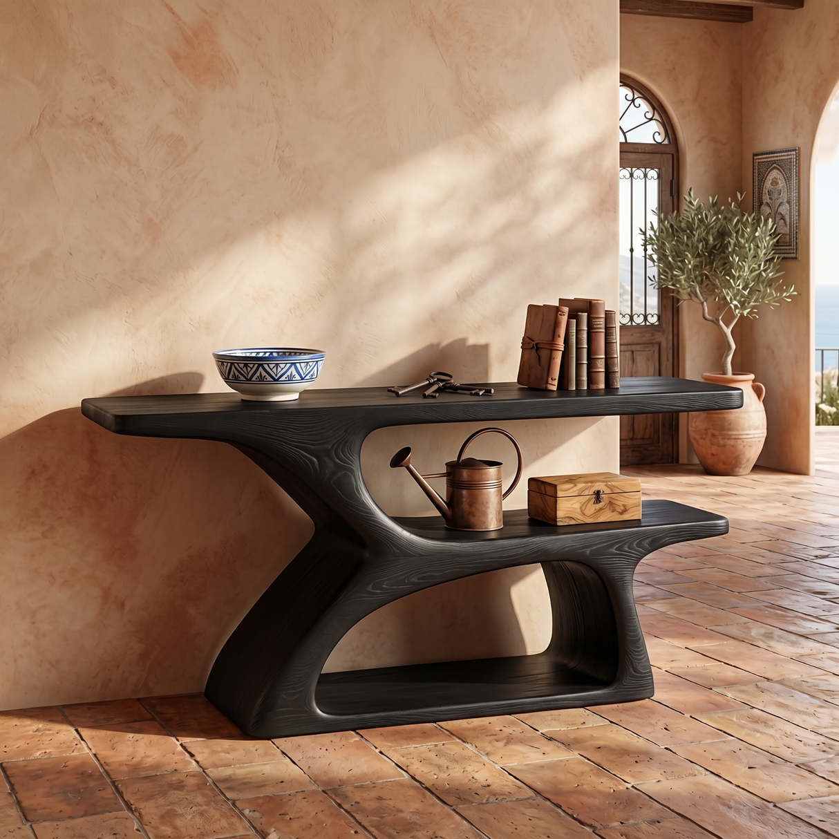 Handcrafted Solid Wood Console Table with Tiered Open Shelf Design