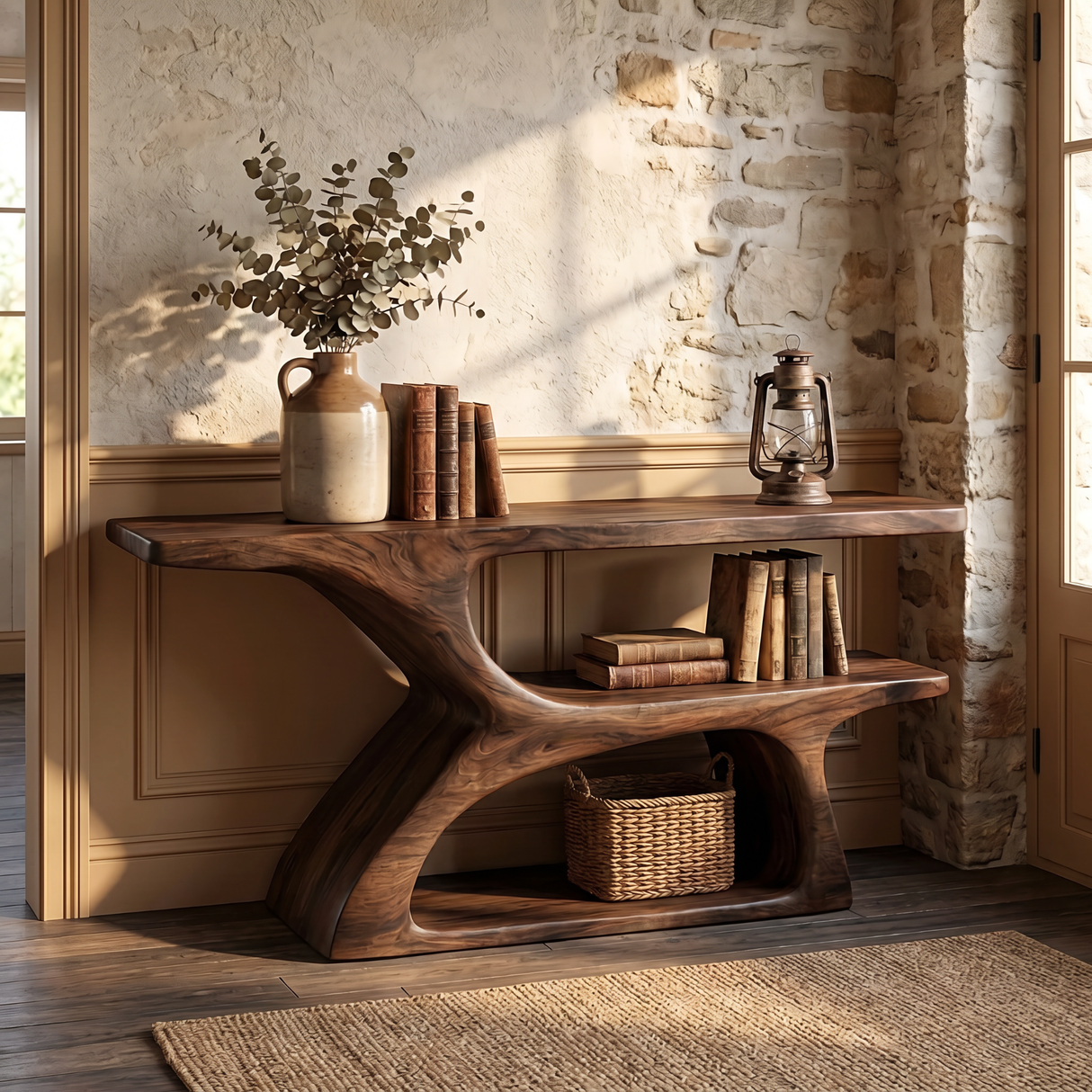Handcrafted Solid Wood Console Table with Tiered Open Shelf Design