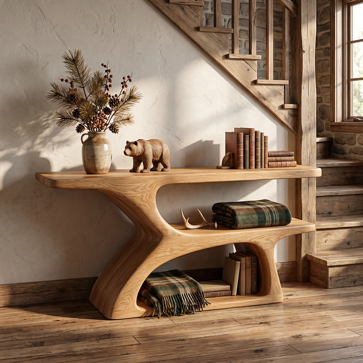 Handcrafted Solid Wood Console Table with Tiered Open Shelf Design