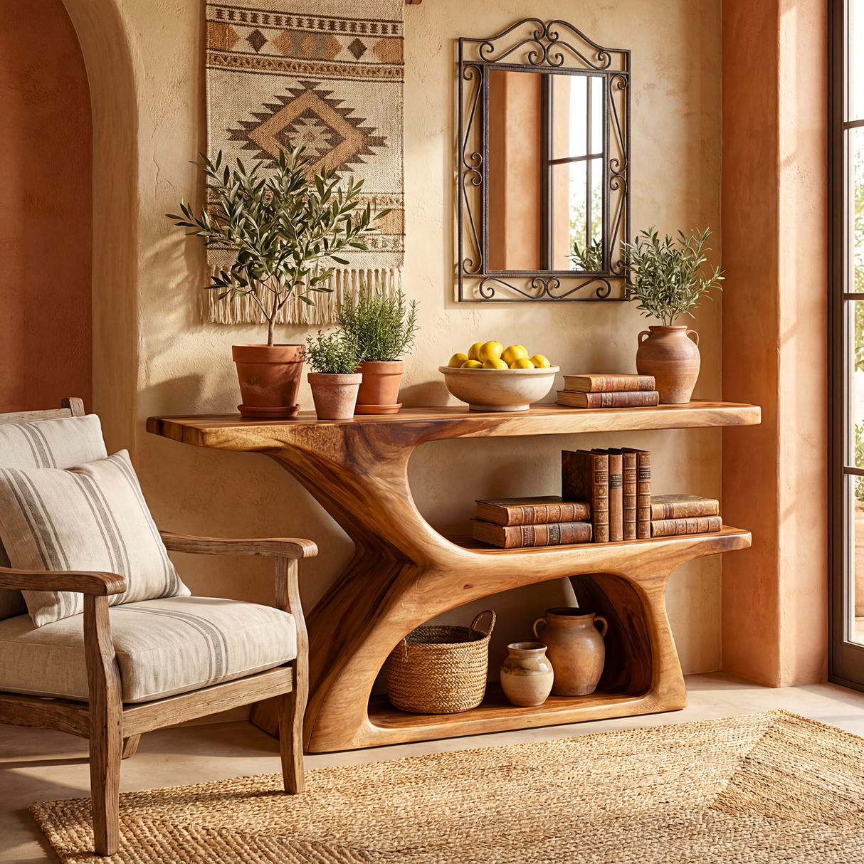 Handcrafted Solid Wood Console Table with Tiered Open Shelf Design