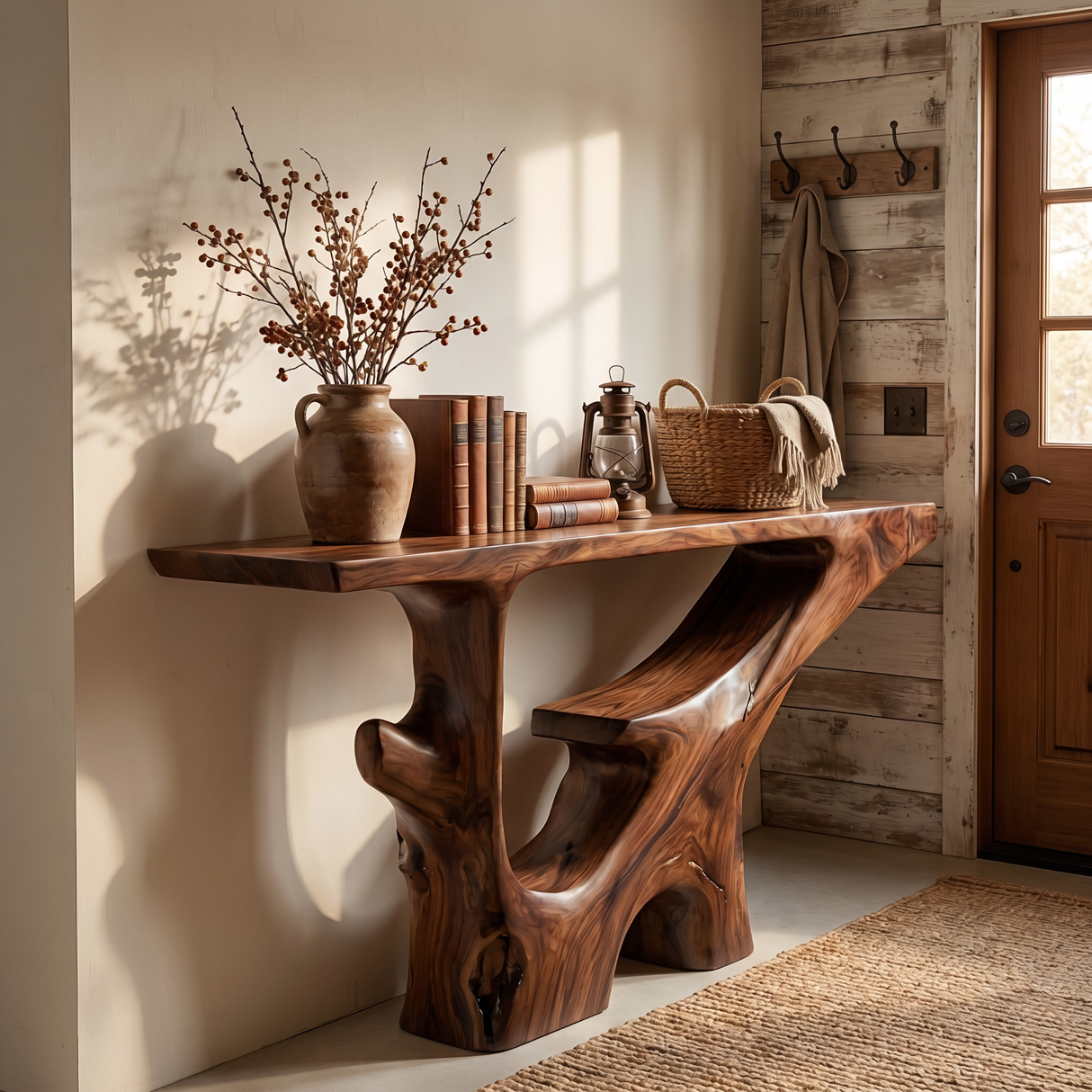 Handcrafted Solid Wood Console Table with Carved Open Shelf Base