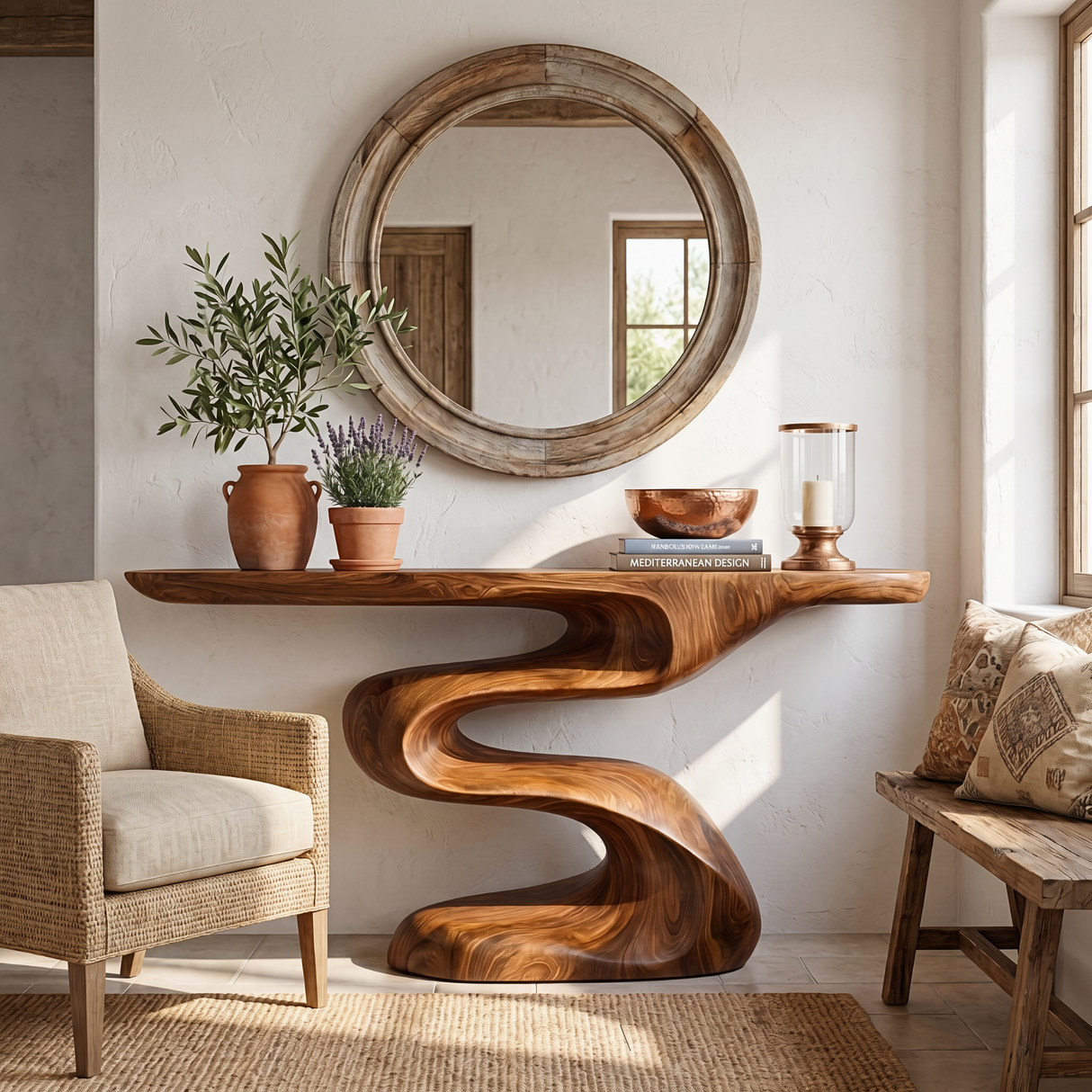 Handcrafted Solid Wood Console Table with Flowing Wave Base