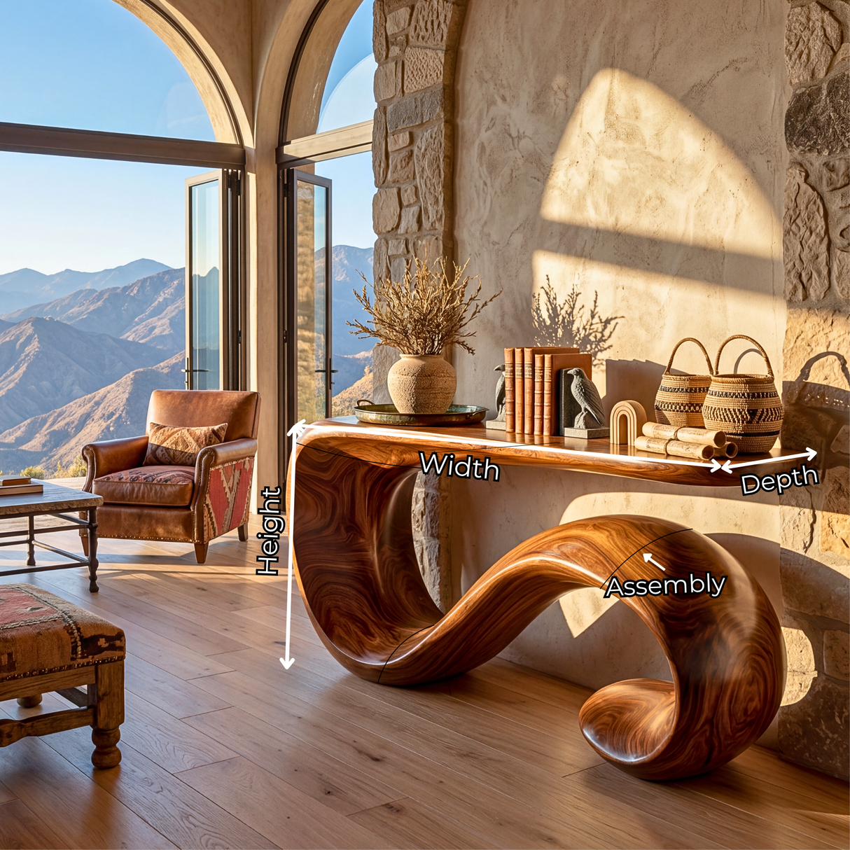 Solid Wood Console Table with Curved Loop Sculptural Base