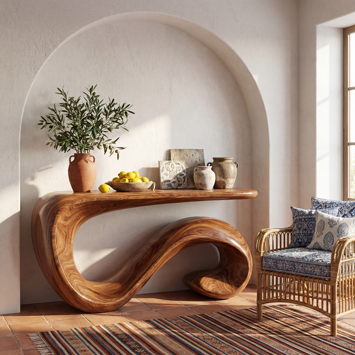 Solid Wood Console Table with Curved Loop Sculptural Base