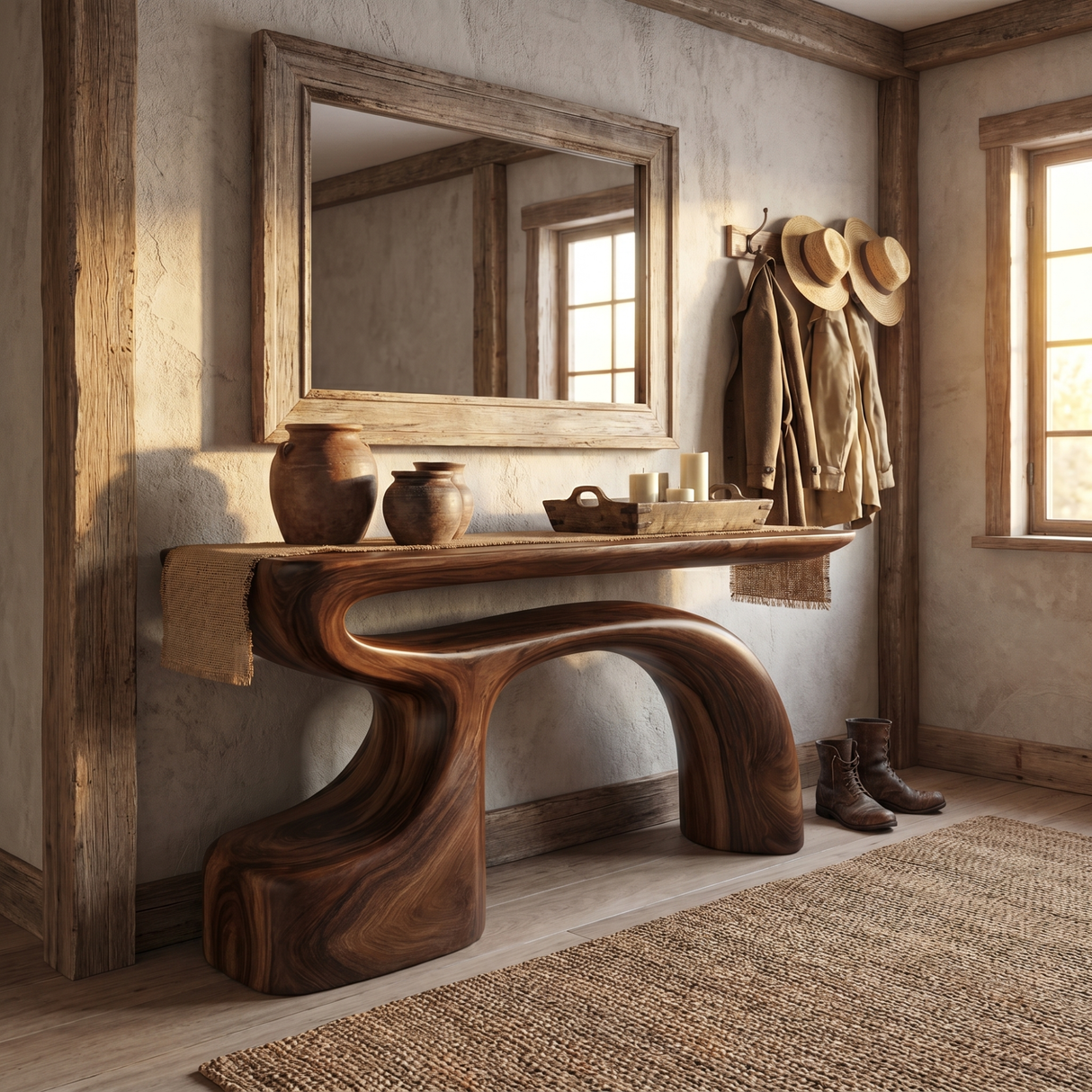 Organic Solid Wood Console Table with Sculpted Arch Base