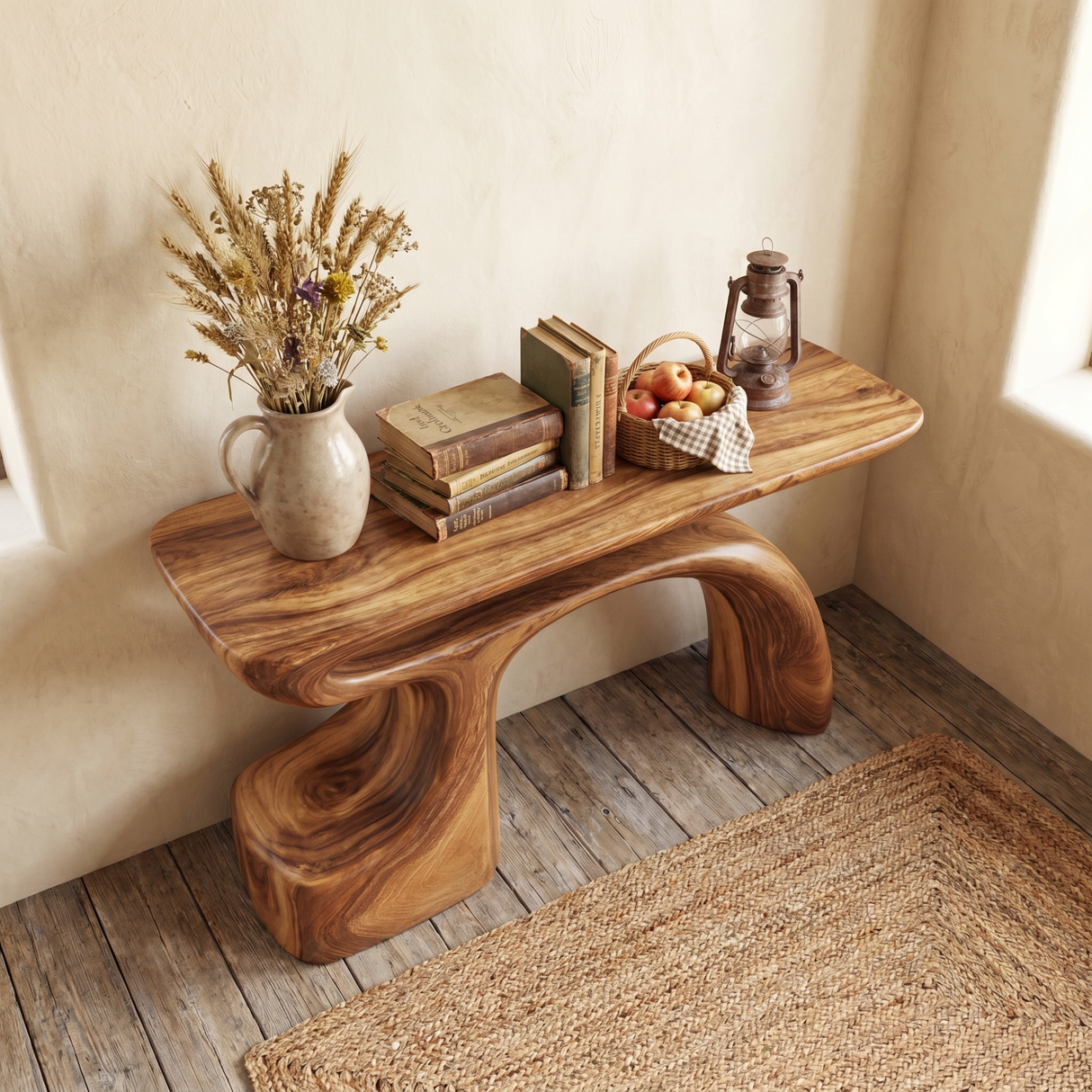 Organic Solid Wood Console Table with Sculpted Arch Base