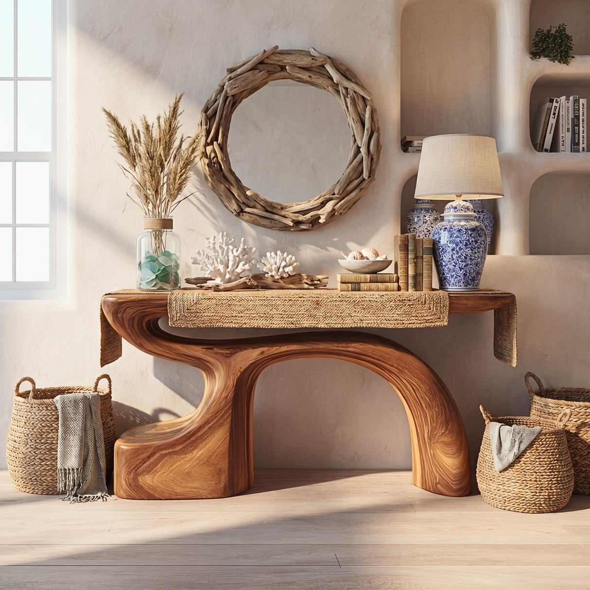 Organic Solid Wood Console Table with Sculpted Arch Base