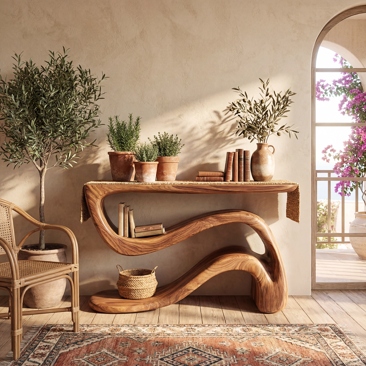 Tropical Solid Wood Console Table with Wave Shelf Design