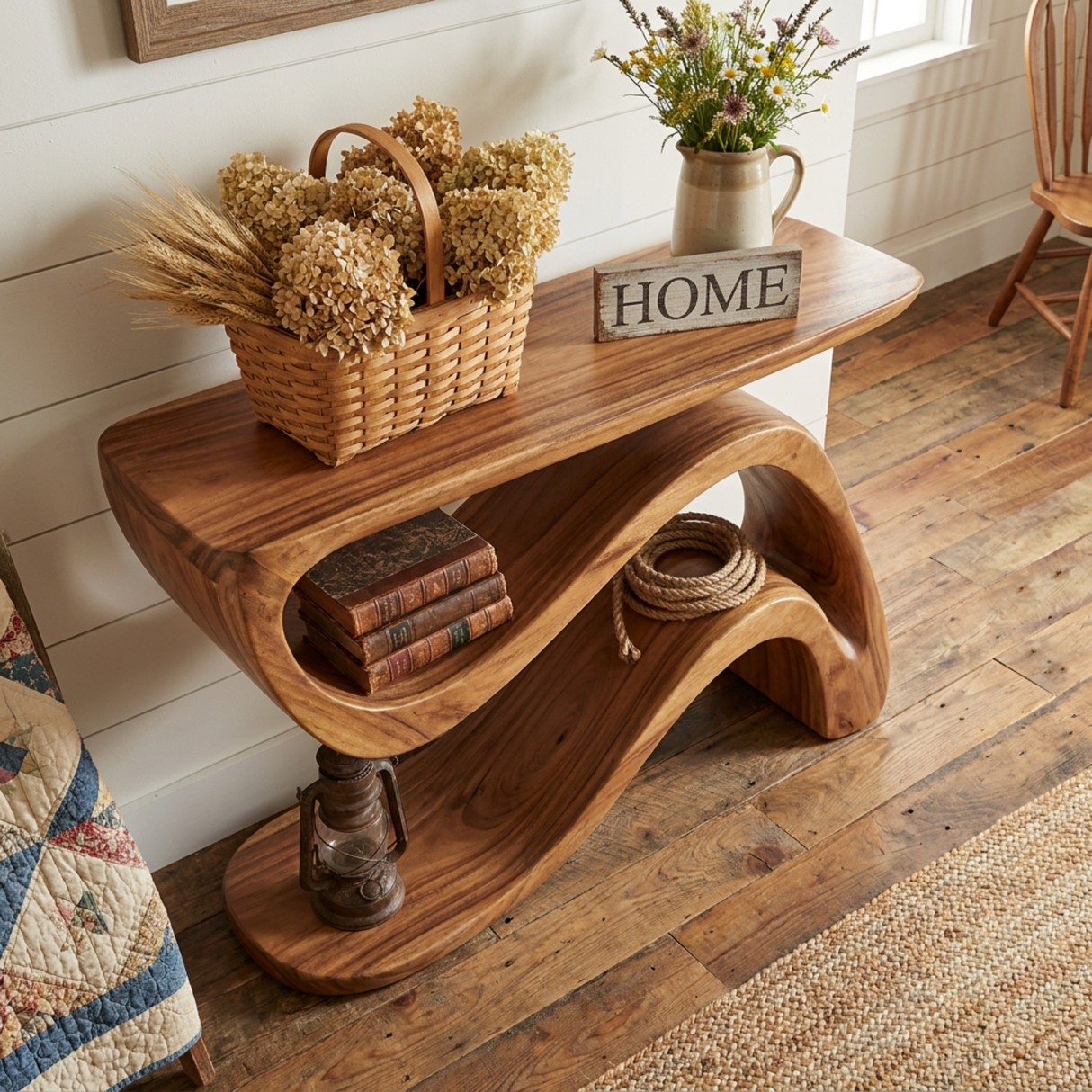 Tropical Solid Wood Console Table with Wave Shelf Design