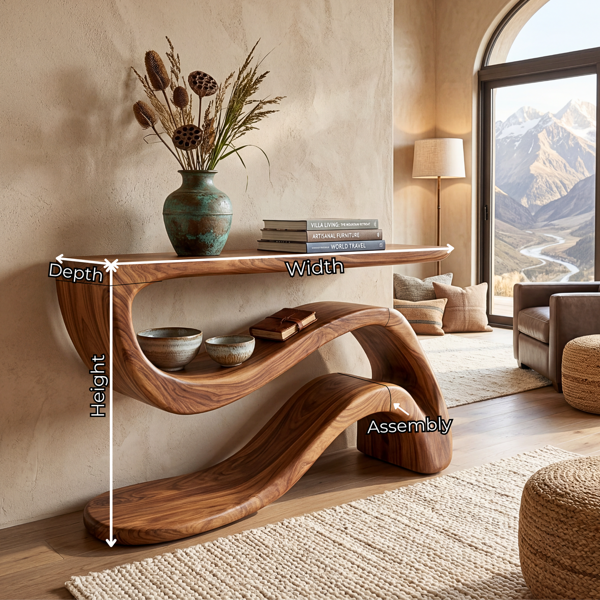 Tropical Solid Wood Console Table with Wave Shelf Design