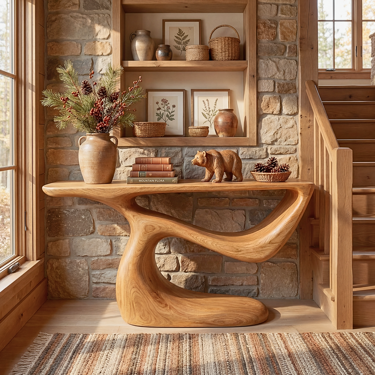 Sculptural Solid Wood Console Table with Organic Curved Base