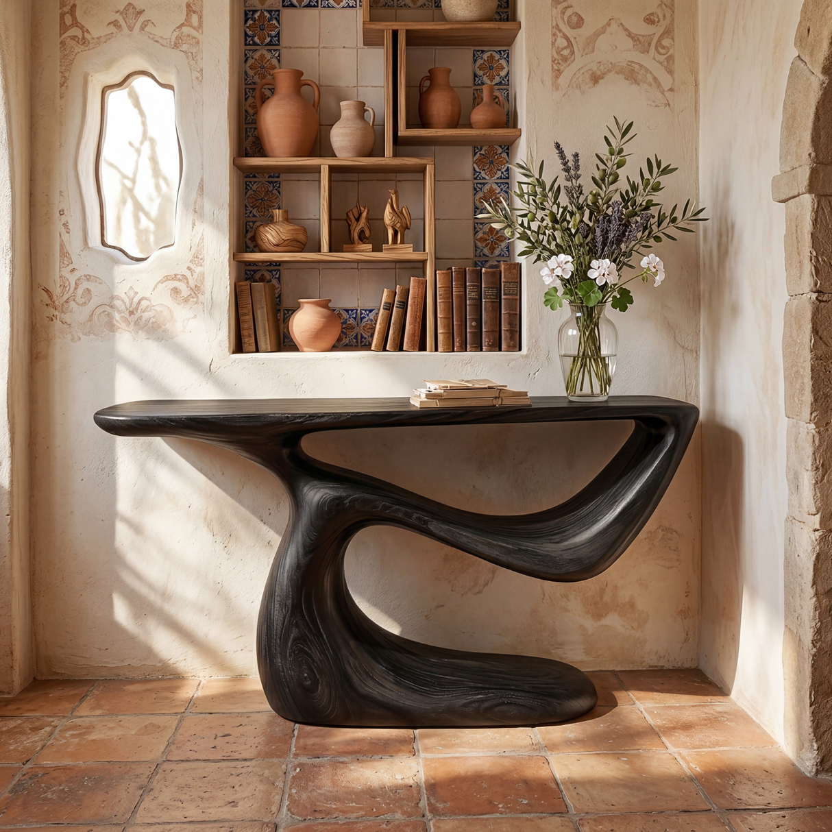 Sculptural Solid Wood Console Table with Organic Curved Base