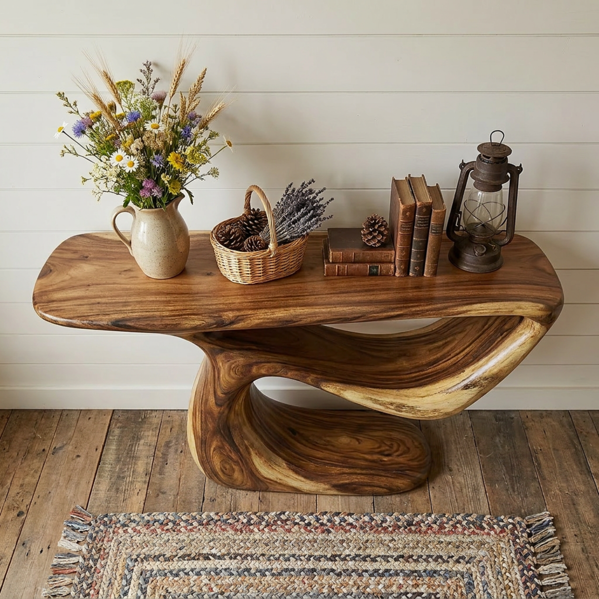 Sculptural Solid Wood Console Table with Organic Curved Base