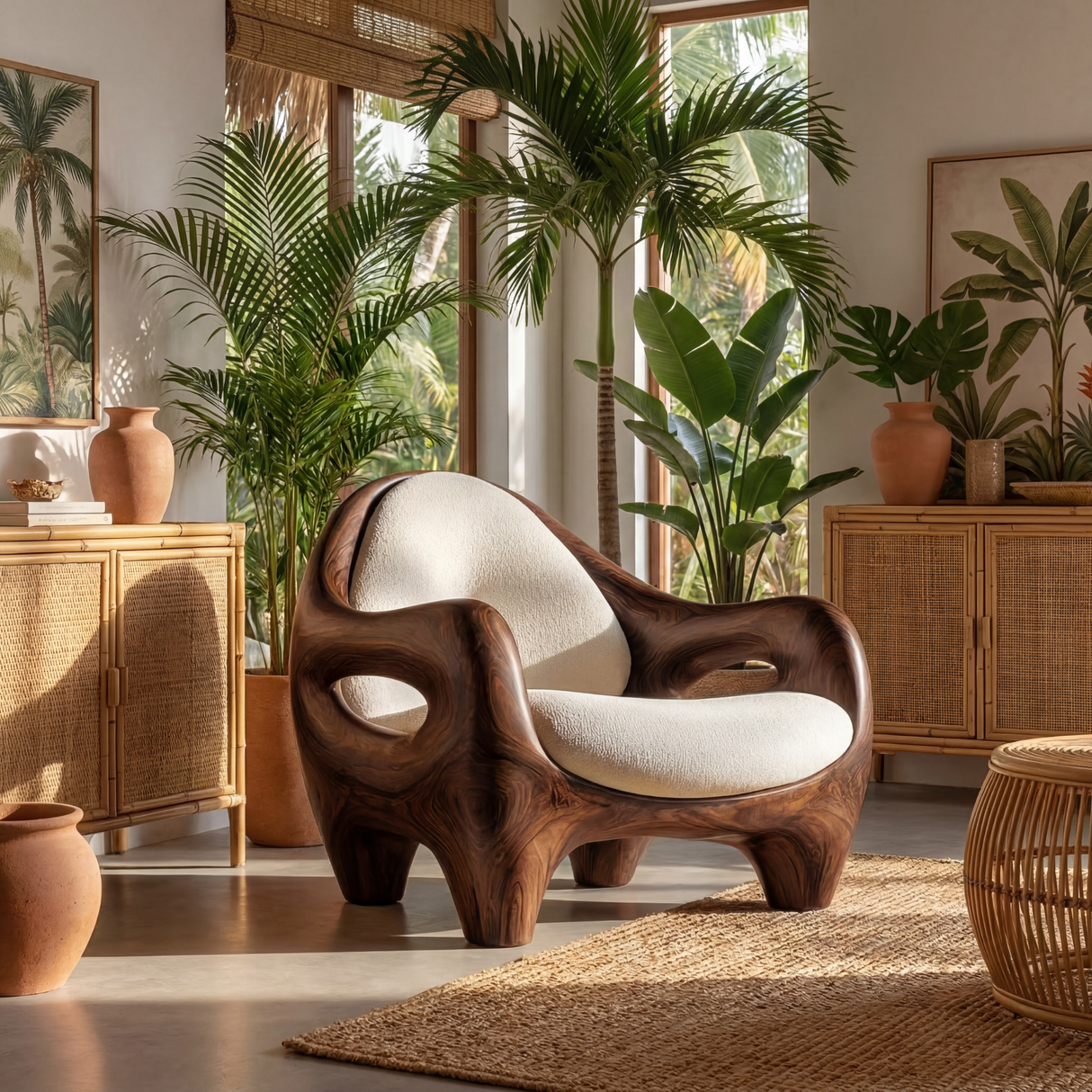 Sculptural Solid Wood Lounge Chair with Organic Open Armrests