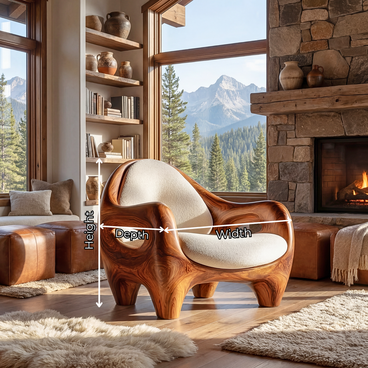 Sculptural Solid Wood Lounge Chair with Organic Open Armrests
