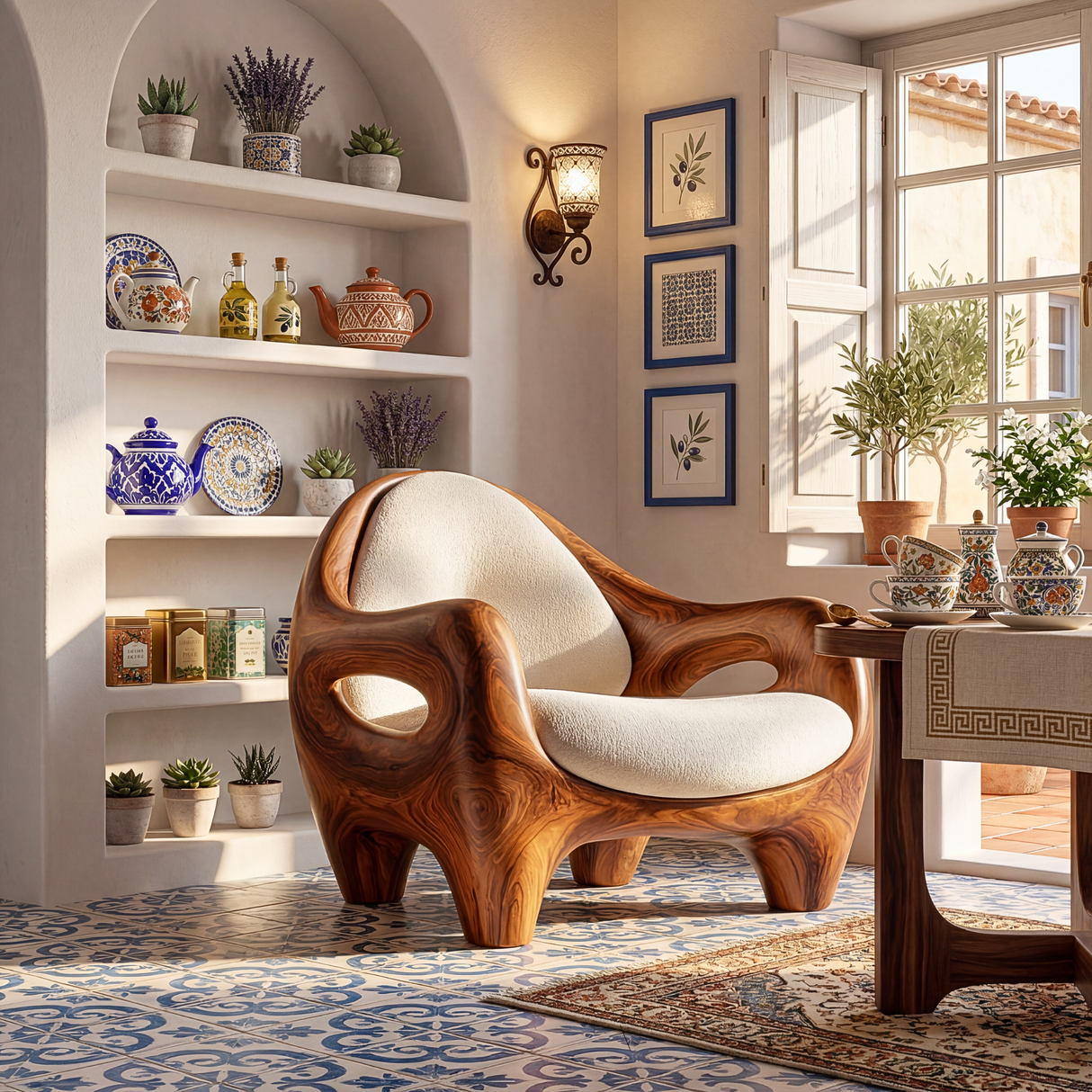 Sculptural Solid Wood Lounge Chair with Organic Open Armrests