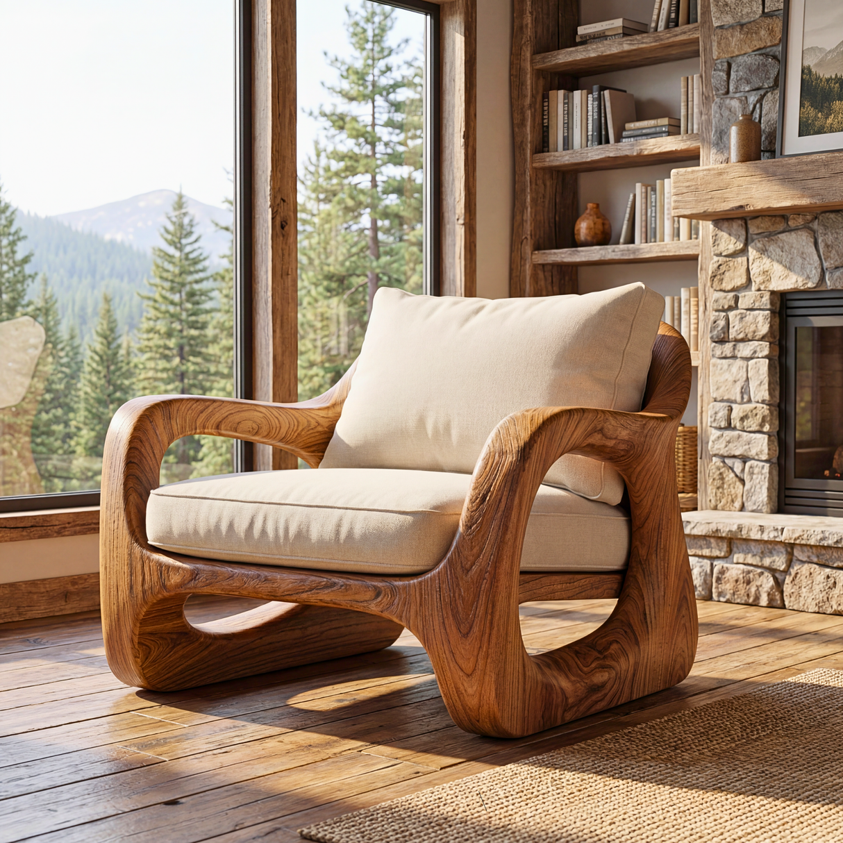 Organic Solid Wood Accent Chair with Sculptural Open Frame