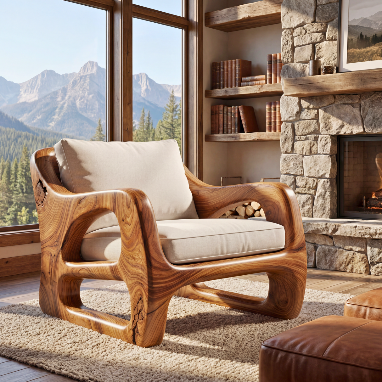 Solid Wood Lounge Chair with Curved Open Arm Frame
