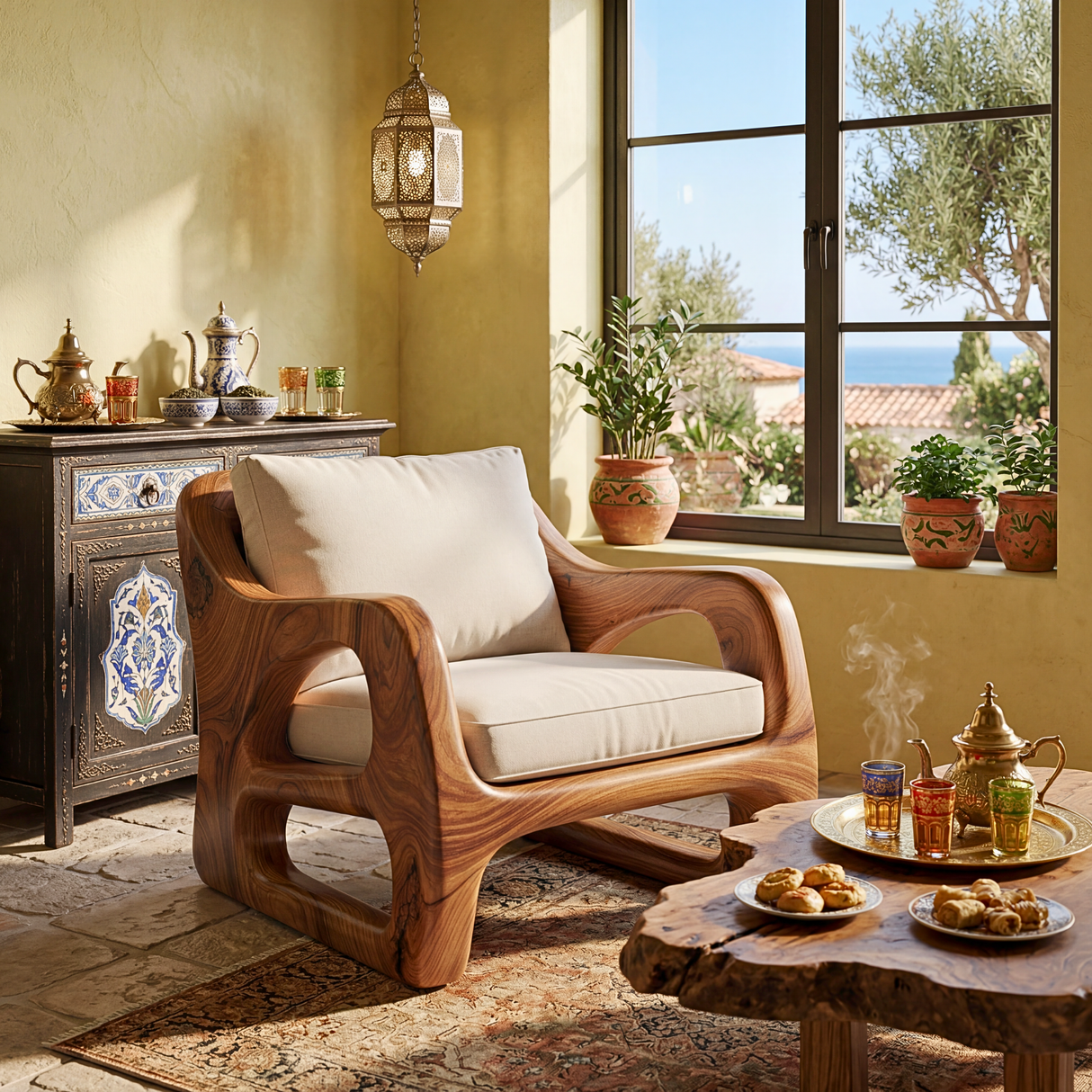 Solid Wood Lounge Chair with Curved Open Arm Frame