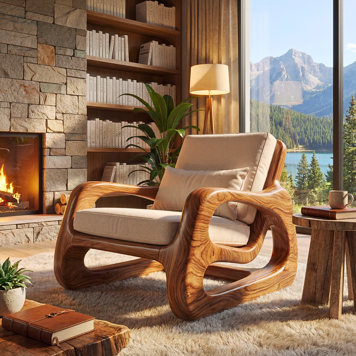 Organic Solid Wood Armchair with Sculptural Open Sides