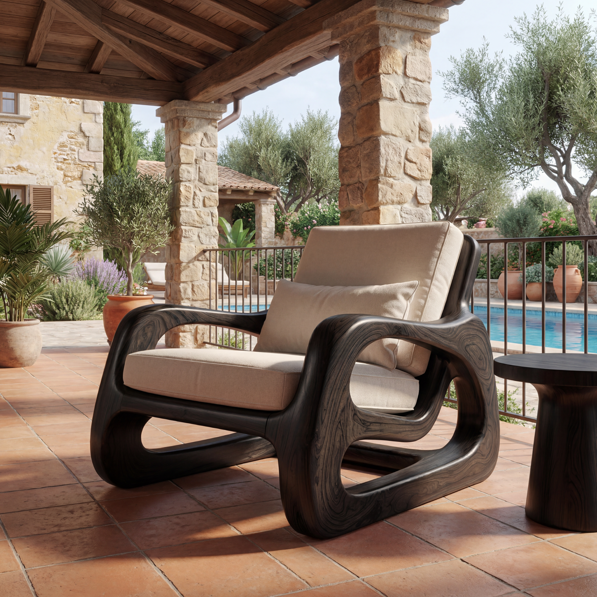 Organic Solid Wood Armchair with Sculptural Open Sides