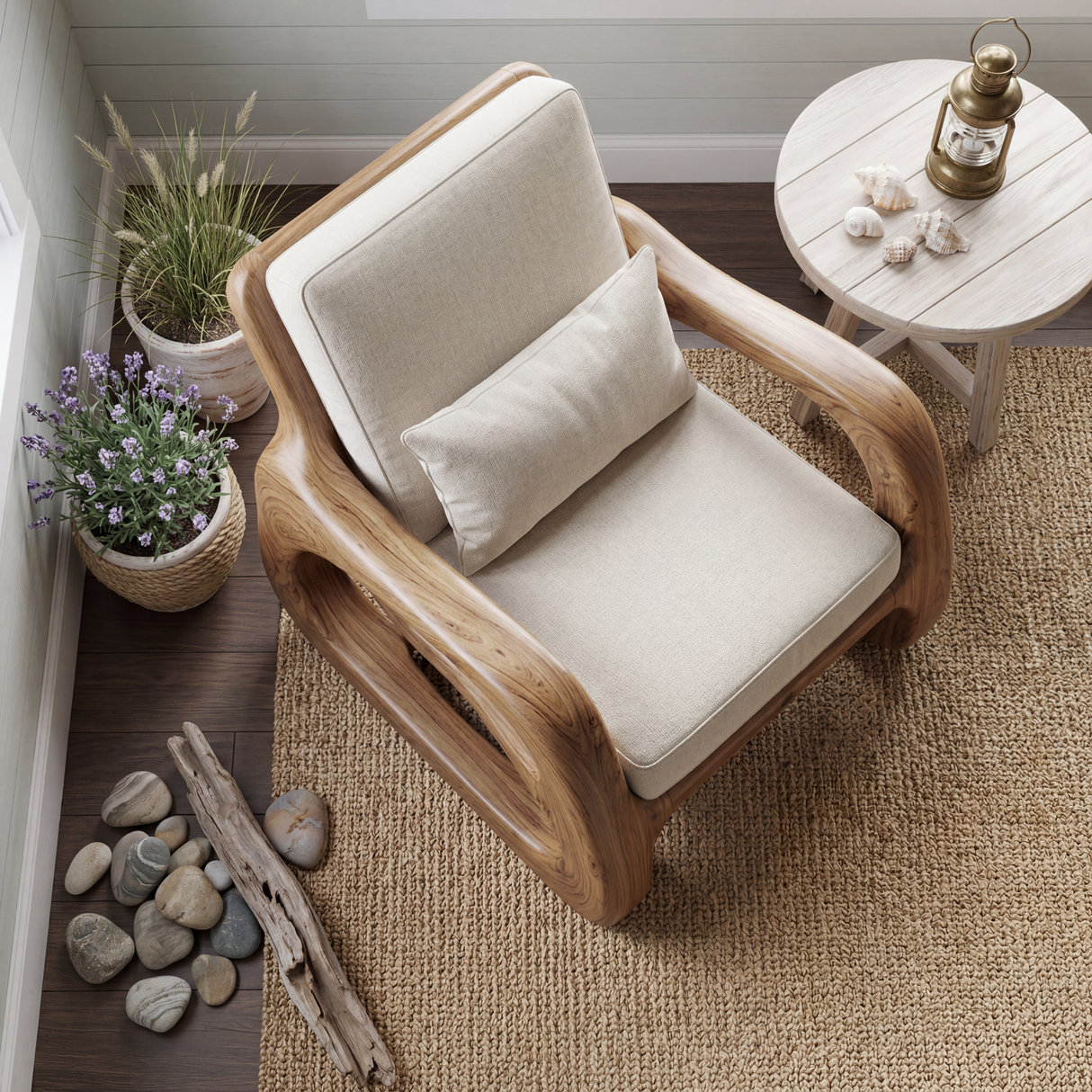 Organic Solid Wood Armchair with Sculptural Open Sides