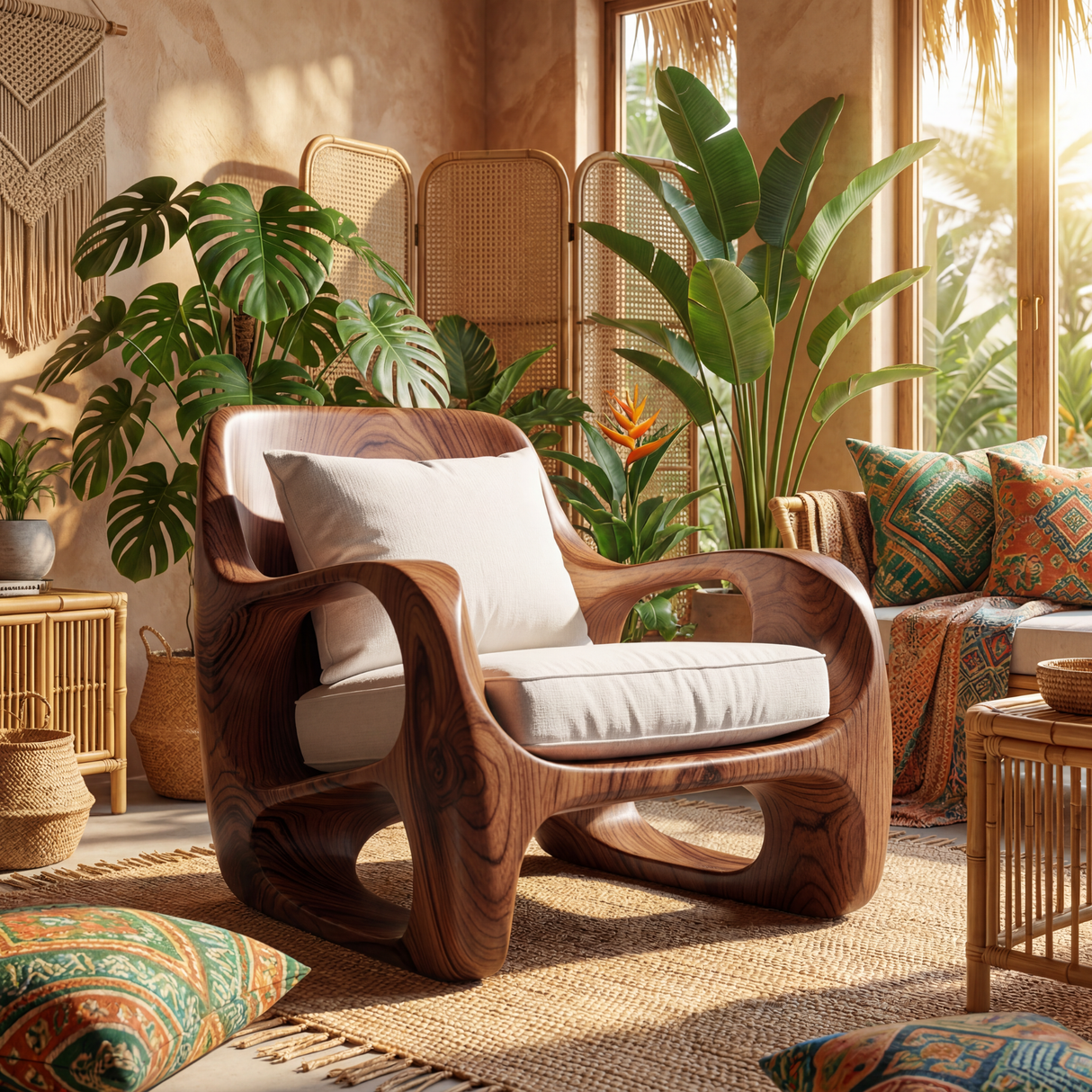 Sculptural Solid Wood Accent Chair with Curved Open Arms
