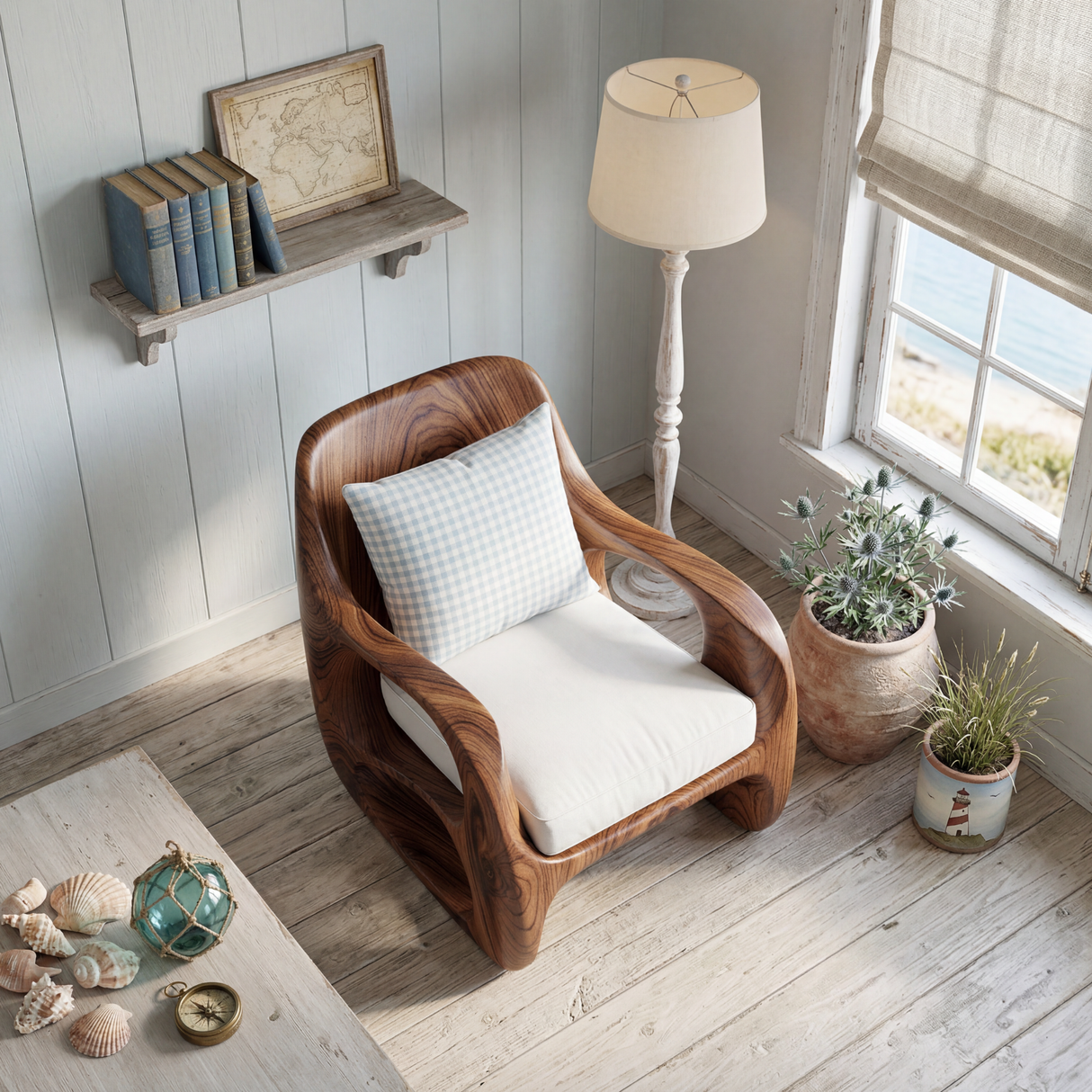 Sculptural Solid Wood Accent Chair with Curved Open Arms