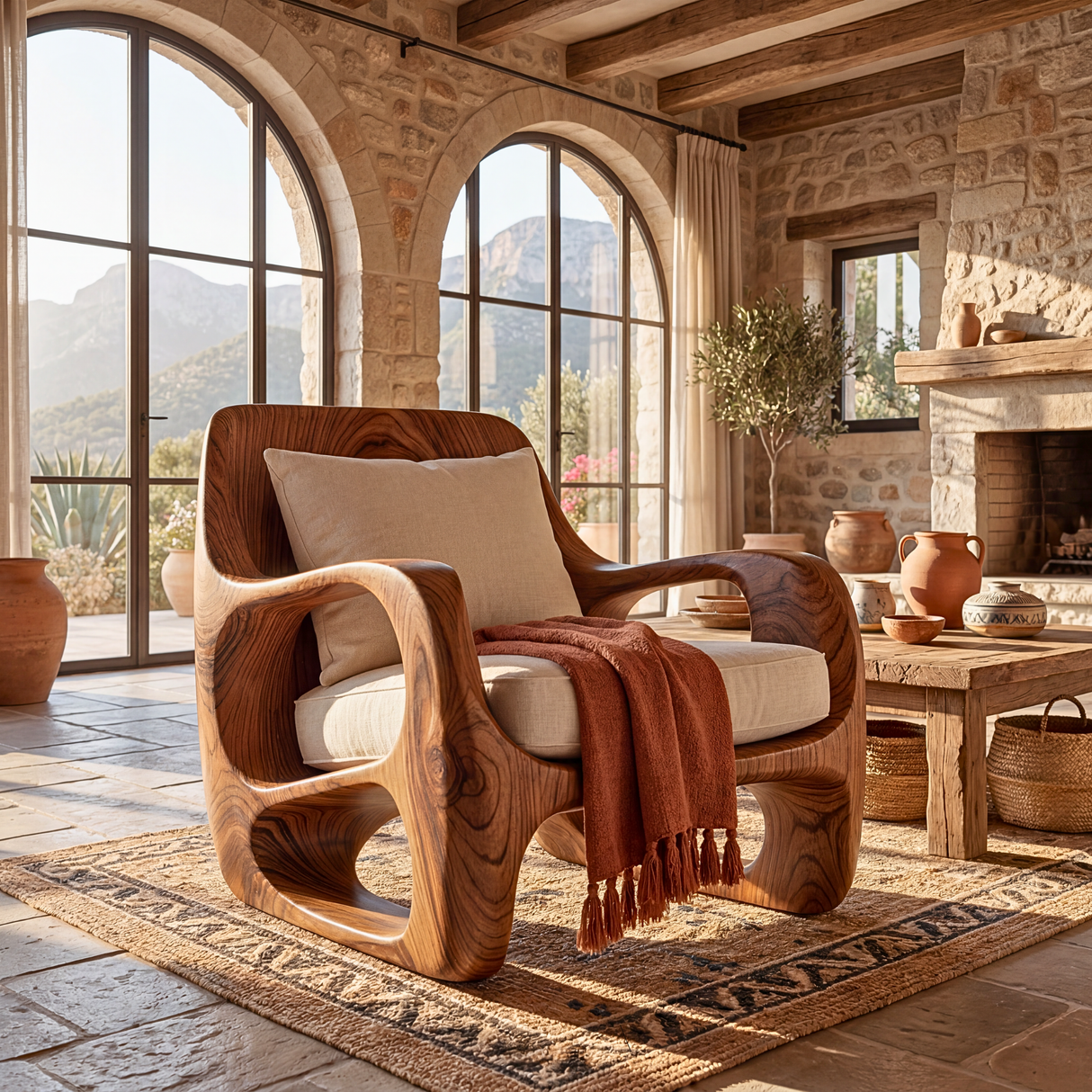 Sculptural Solid Wood Accent Chair with Curved Open Arms