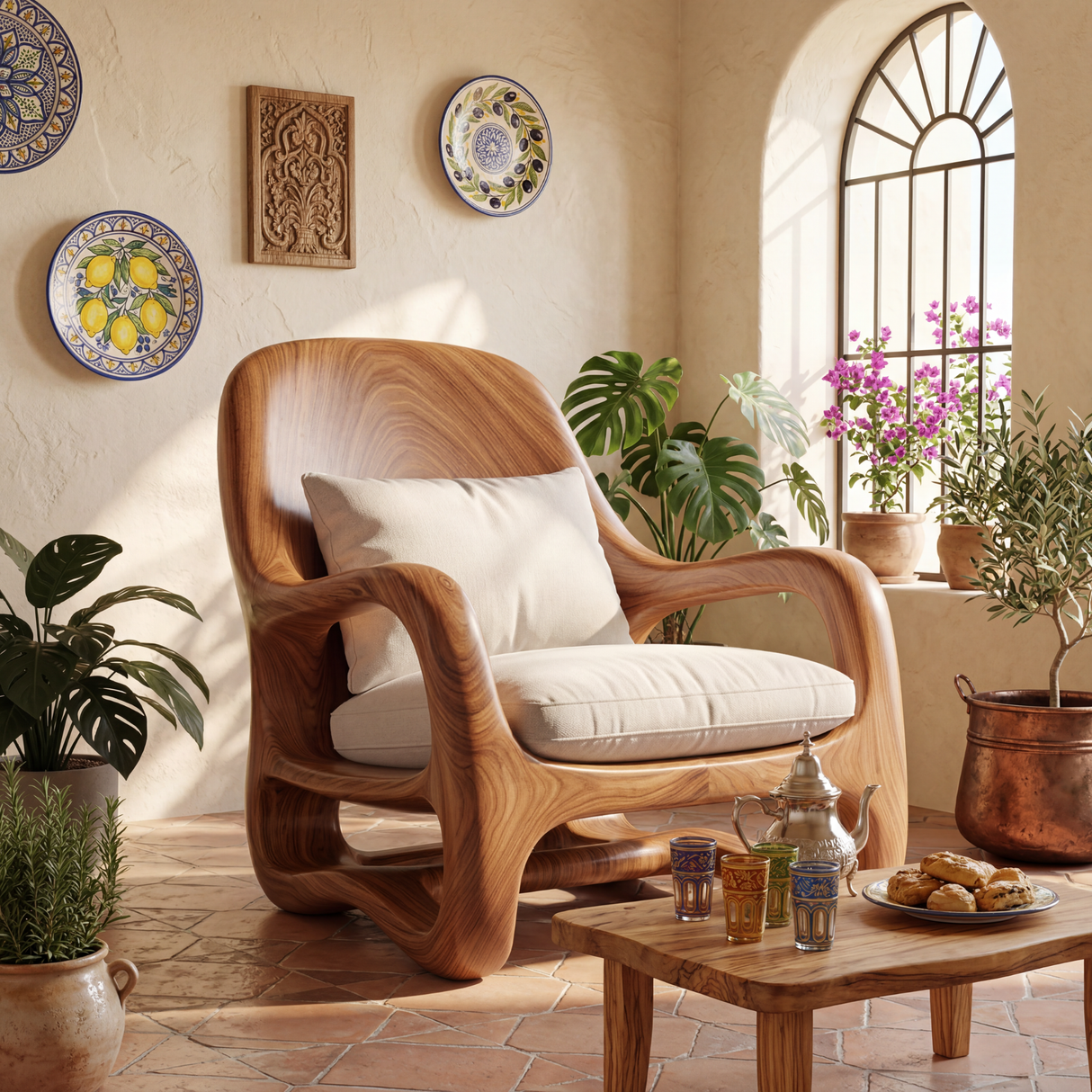 Organic Solid Wood Lounge Chair with Sculpted Arm Frame