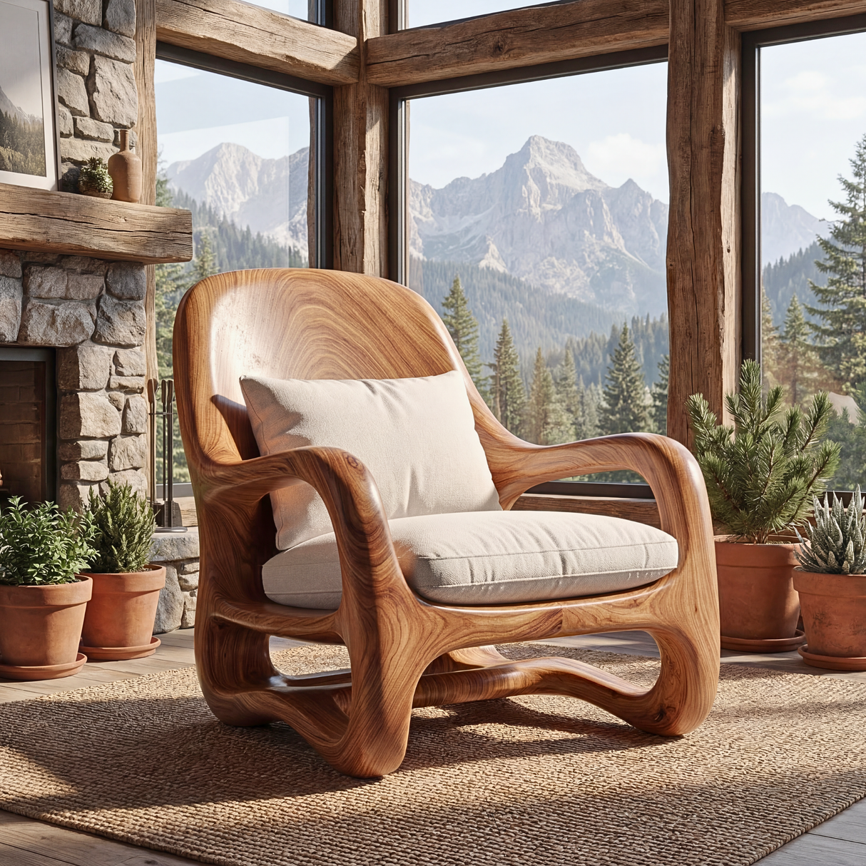 Organic Solid Wood Lounge Chair with Sculpted Arm Frame