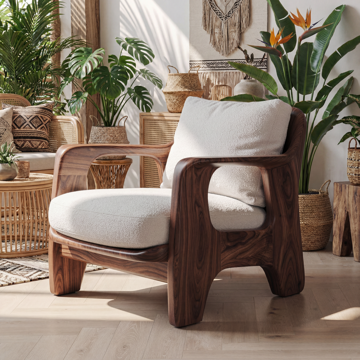 Solid Wood Accent Chair with Rounded Sculptural Armrests
