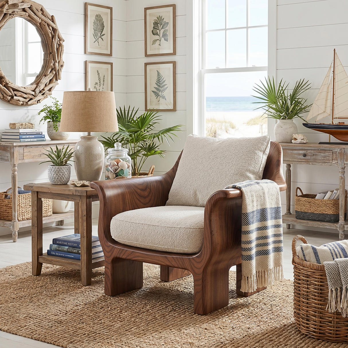 Solid Wood Lounge Chair with Rounded Back and Sculptural Frame