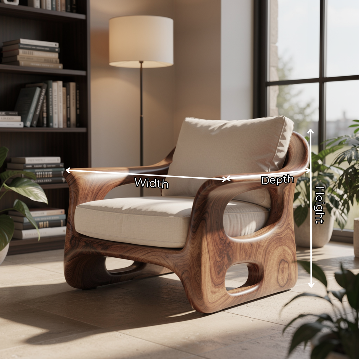 Organic Solid Wood Armchair with Carved Open Side Details