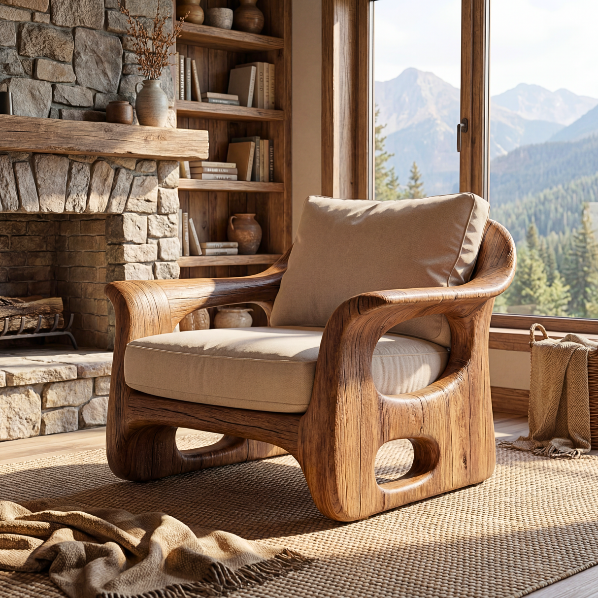 Organic Solid Wood Armchair with Carved Open Side Details