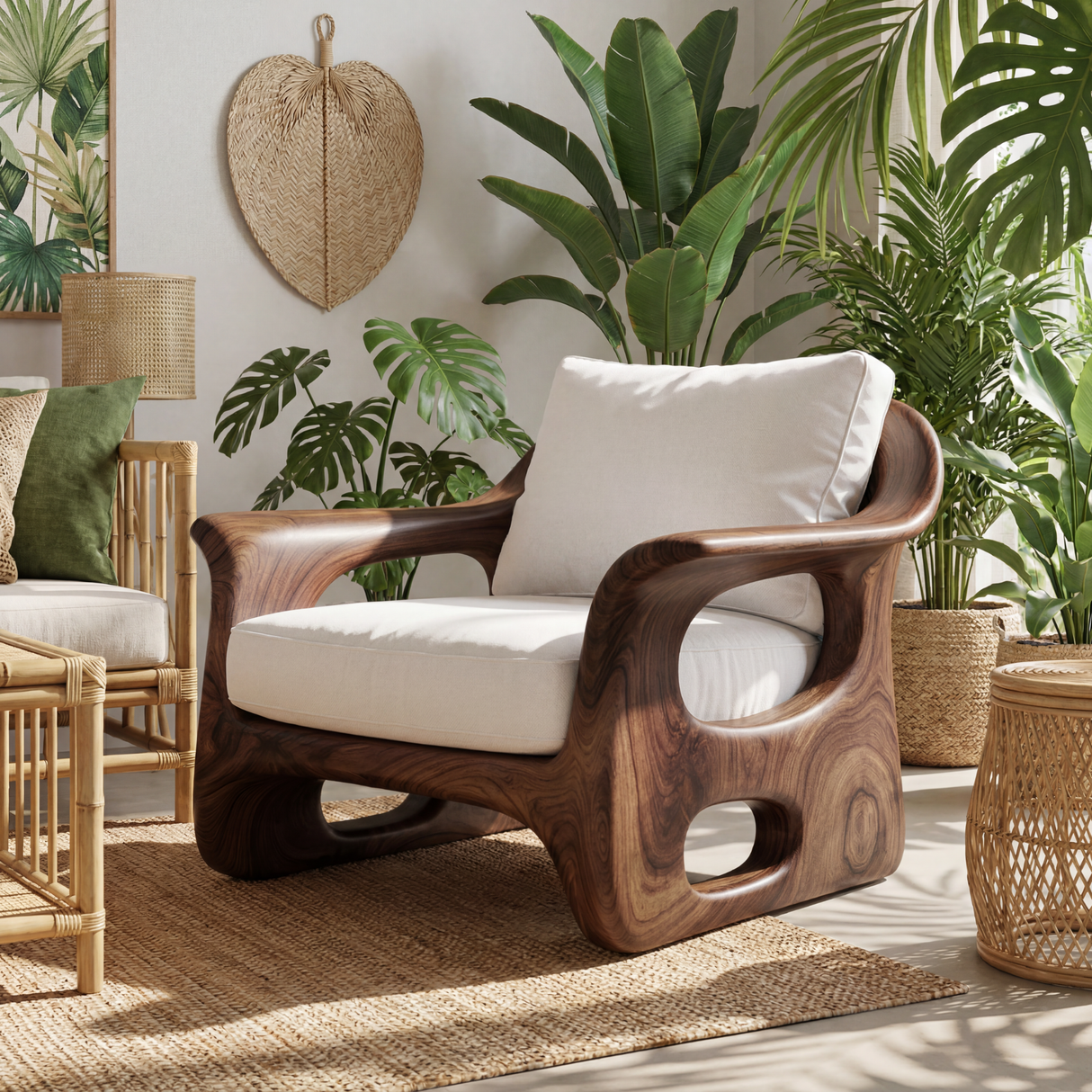 Organic Solid Wood Armchair with Carved Open Side Details