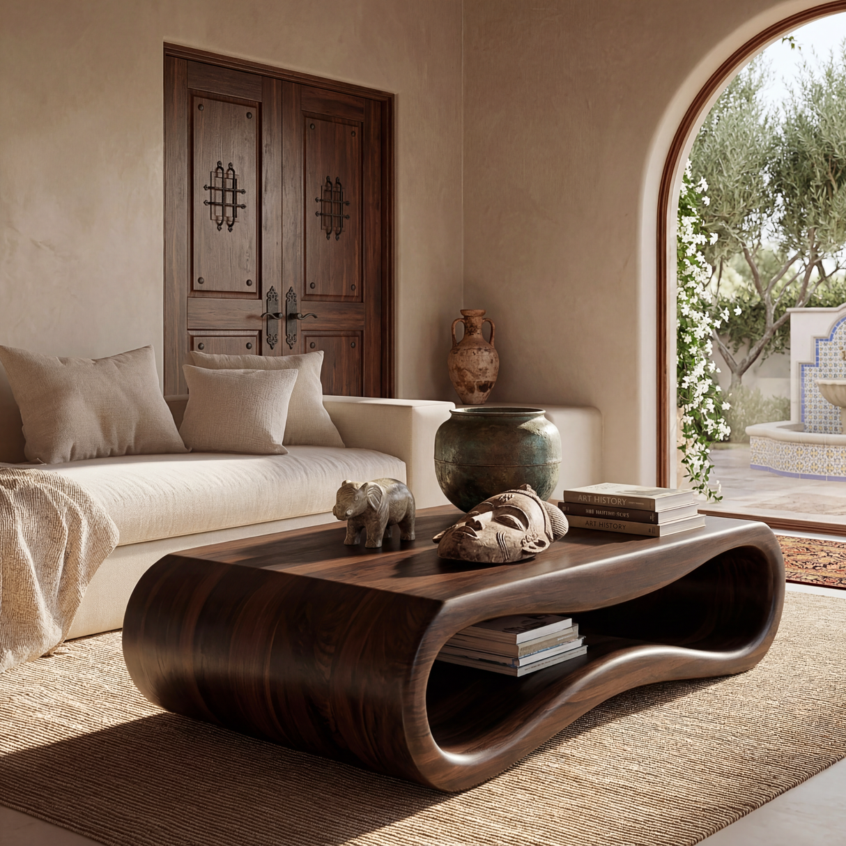 Organic Solid Wood Coffee Table with Sculptural Open Base