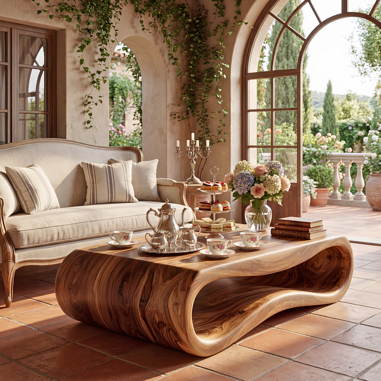 Organic Solid Wood Coffee Table with Sculptural Open Base