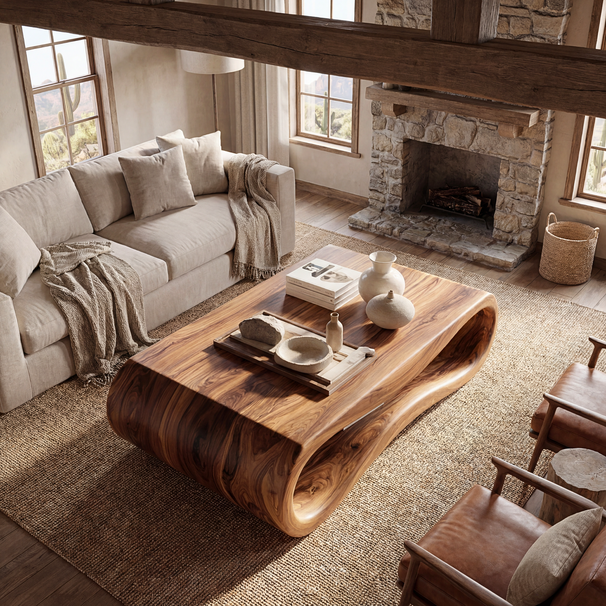 Organic Solid Wood Coffee Table with Sculptural Open Base
