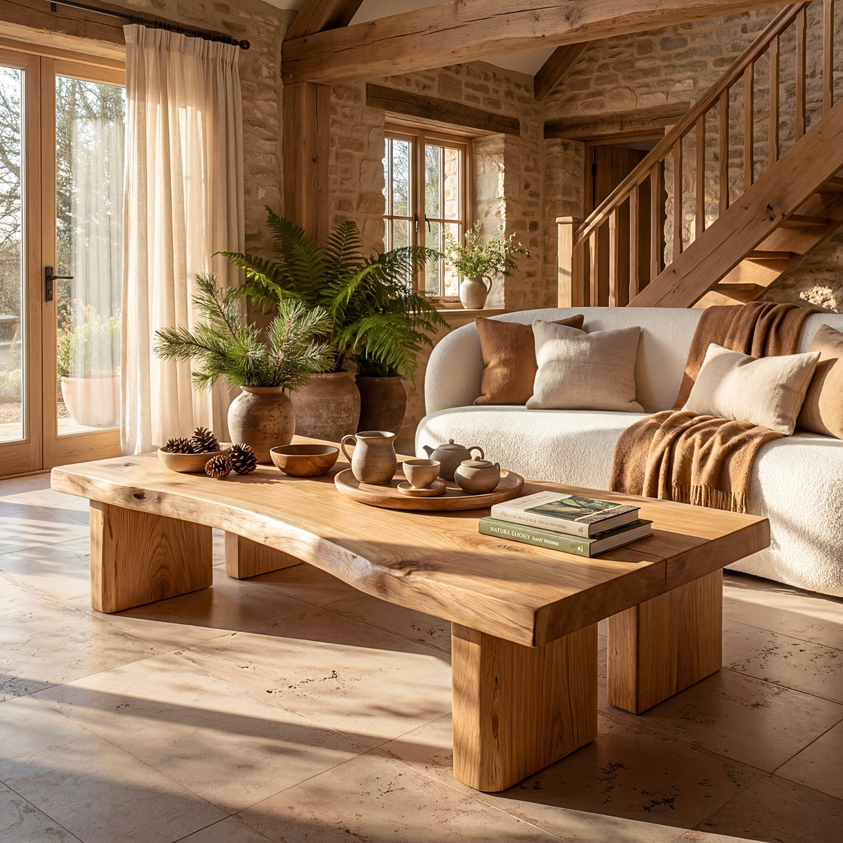 Solid Wood Coffee Table with Live Edge Top and Block Legs