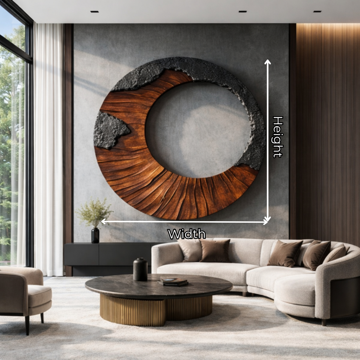 Round Solid Wood Wall Sculpture with Open Center and Textured Contrast