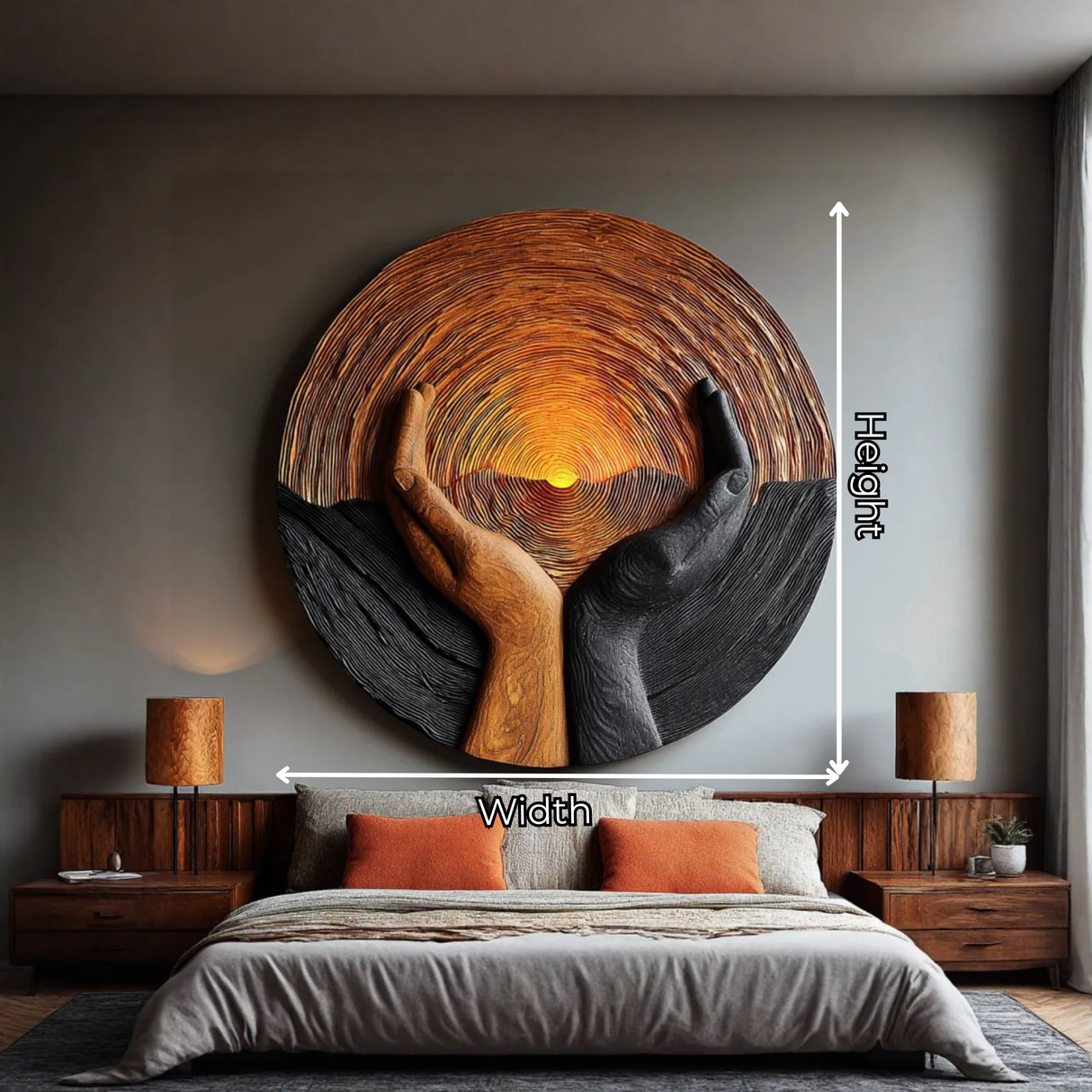 Solid Wood Wall Art with Protective Hands and Rising Sun Relief