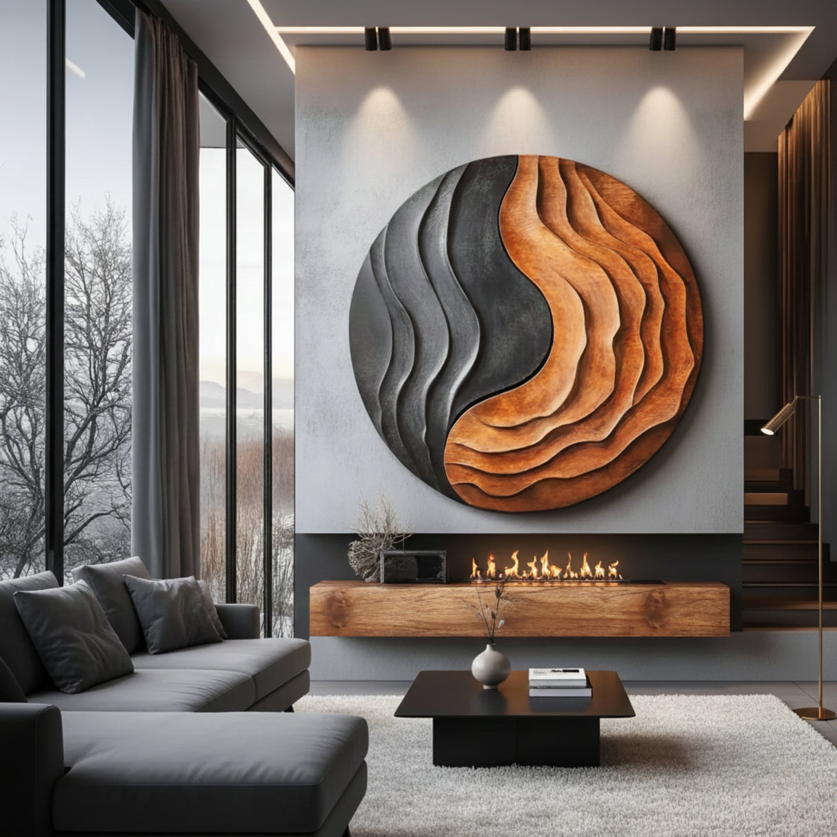 Solid Wood Wall Art with Flowing Contour Relief