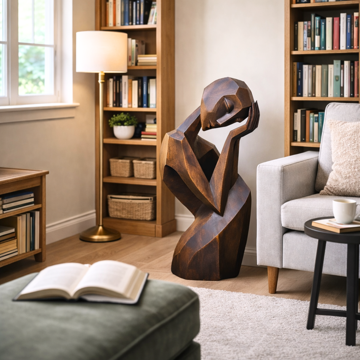 Solid Wood Abstract Resting Figure Floor Sculpture for Modern Interiors and Covered Outdoor Spaces