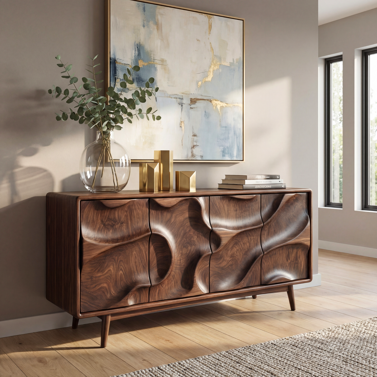 Organic Carved Solid Wood Sideboard Cabinet for Living and Dining Room Storage