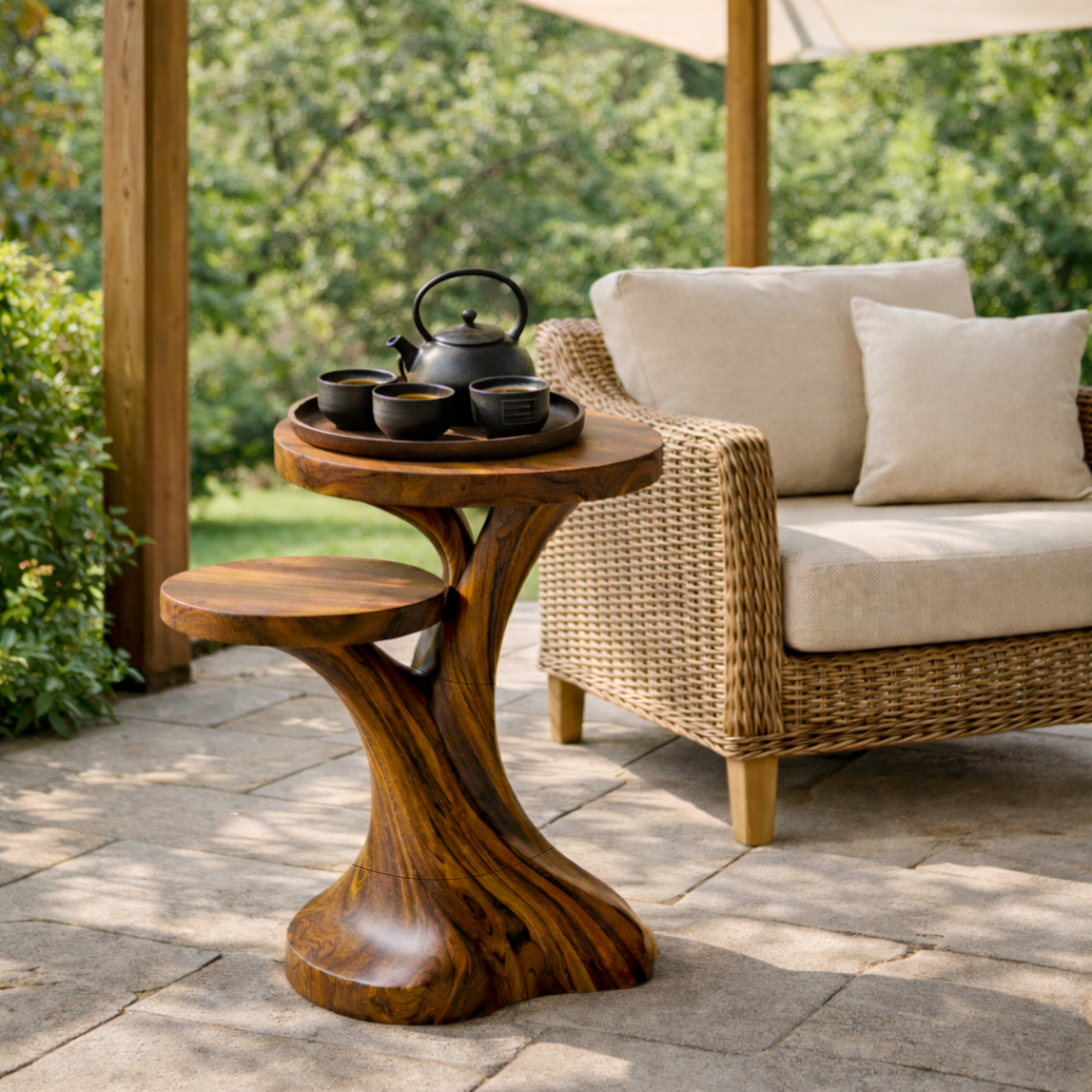 Solid Wood Two Tier Side Table Modern Sculpted Accent Piece