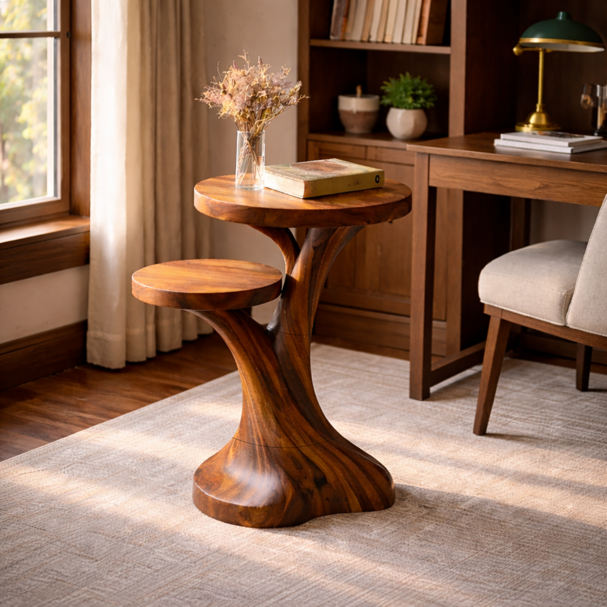 Solid Wood Two Tier Side Table Modern Sculpted Accent Piece