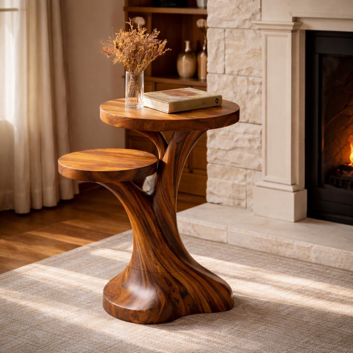 Solid Wood Two Tier Side Table Modern Sculpted Accent Piece